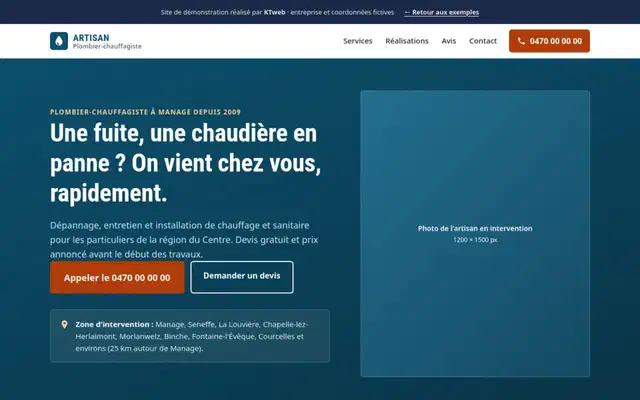Aperçu de la démo plombier-chauffagiste : page d'accueil du site
