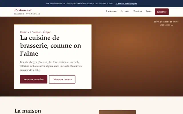Aperçu de la démo brasserie : page d'accueil du site