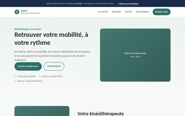 Aperçu de la démo kinésithérapeute : page d'accueil du site