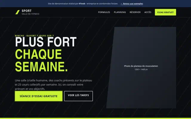 Aperçu de la démo salle de fitness : page d'accueil du site